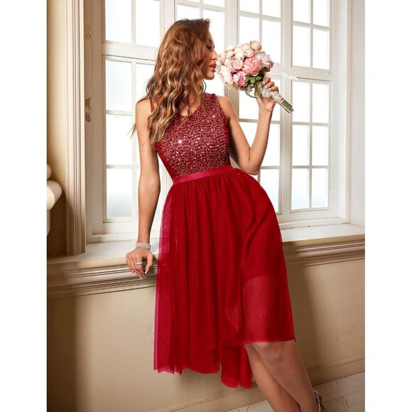 BeryLove Women Tulle Sequin Red Chiffon Scoop Neck Sleeveless Cocktail Dresses - Picture 6 of 7